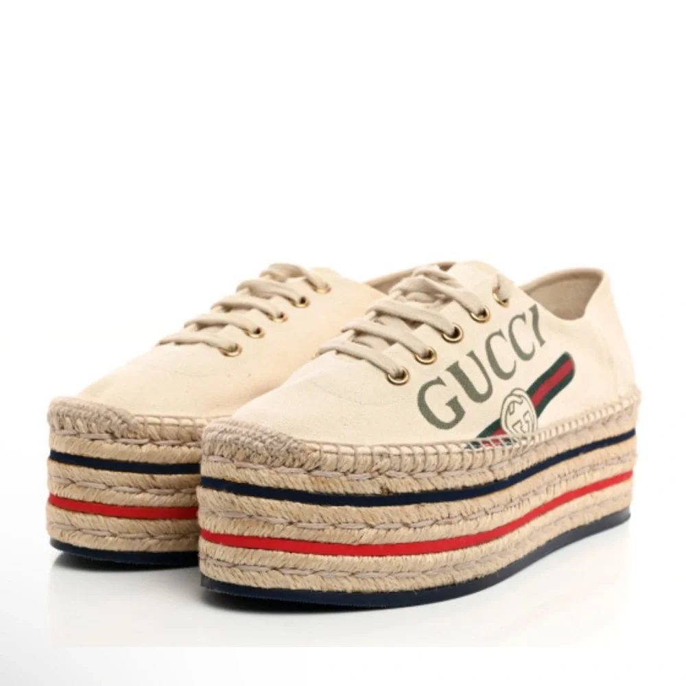 Gucci Lillibeth Lace Up Platform Espadrilles Canvas Shoes - Picture 3 of 10